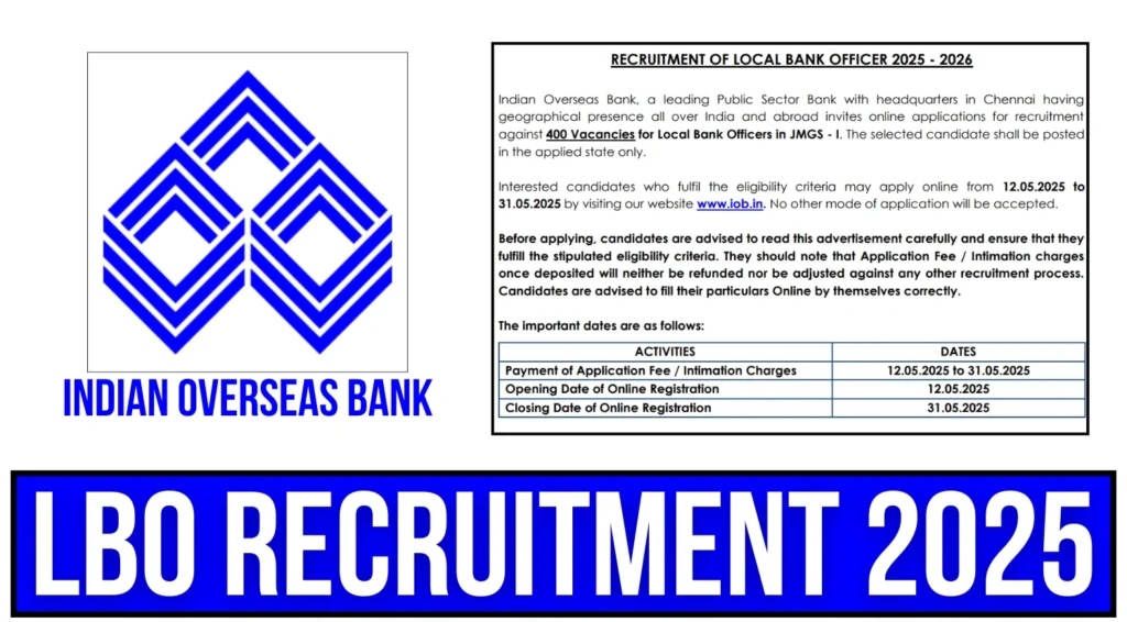 Indian Overseas Bank Recruitment 2025: Apply Online for 400 Local Bank Officer Vacancies जानिए पूरी जानकारी!